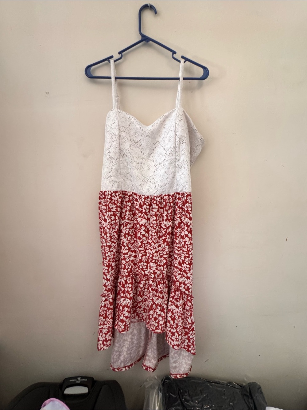 No Boundaries White Lace and Red Floral Midi Dress